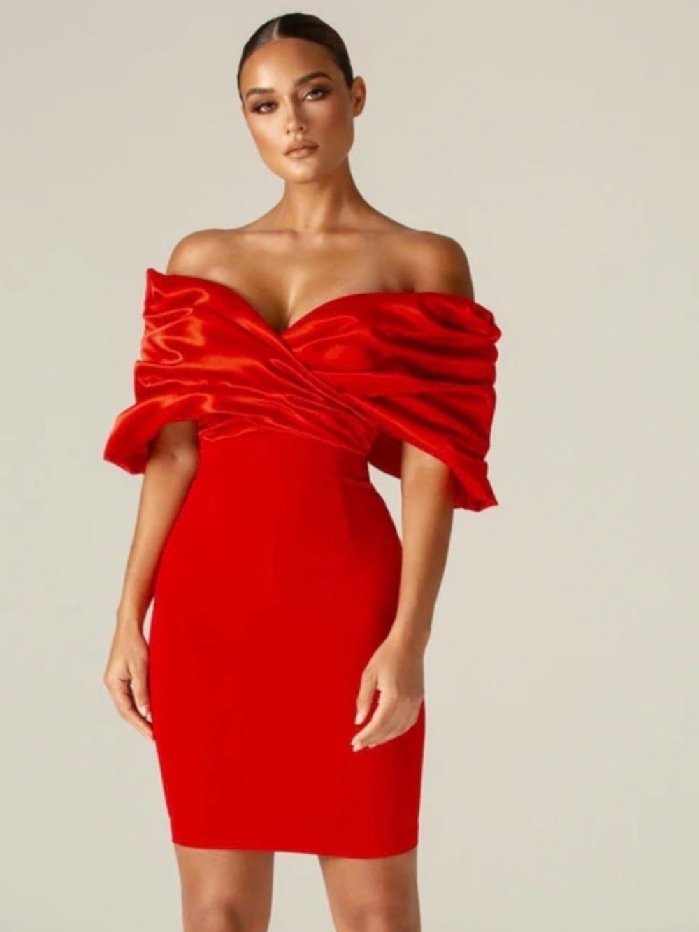 RED MARIBEL CREPE RUFFLE SHOULDER DRESS Alieva size Large NWT